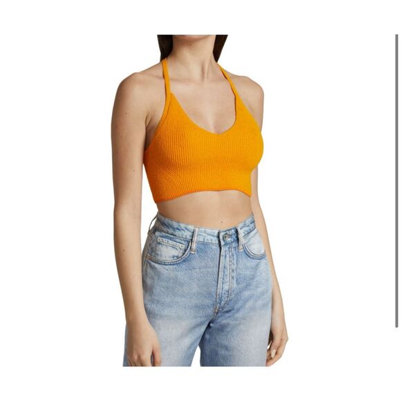 RAG & BONE SOLEIL STRETCH RIBBED cropped top DEEP YELLOW cotton blend sz L - Picture 1 of 7